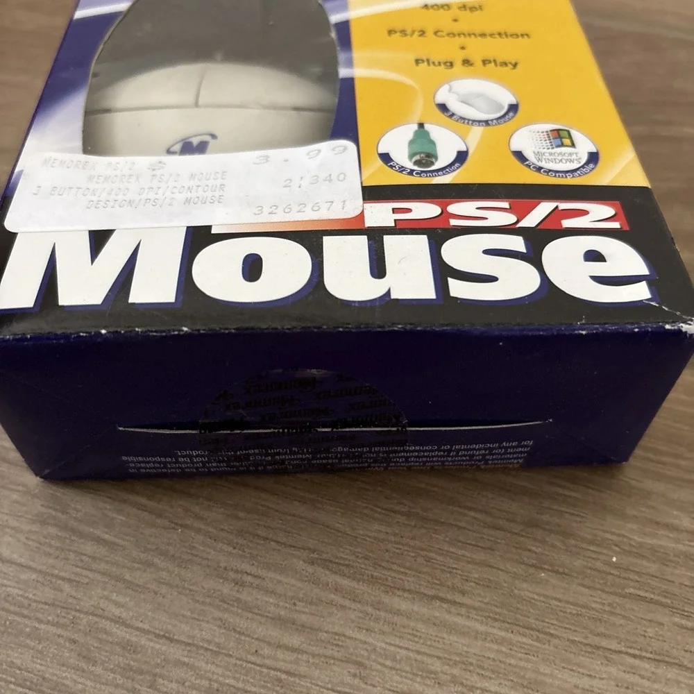 Memorex PS/2 Mouse, PC - Windows, 3 Button, 400 dpi, Plug & Play In Box Untested